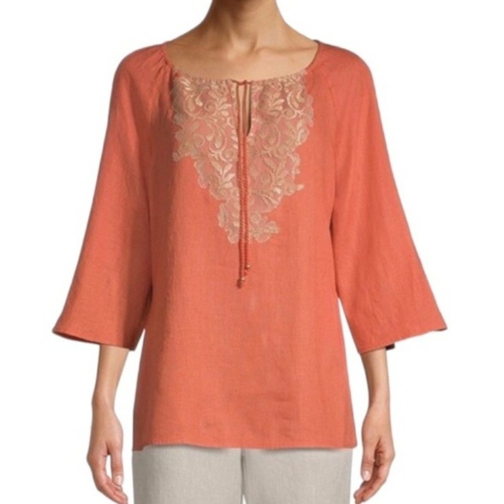 Chico's Linen Tunic Size 2 Orange Boho Chic Peasant Top Festival‎ Hippy Concert